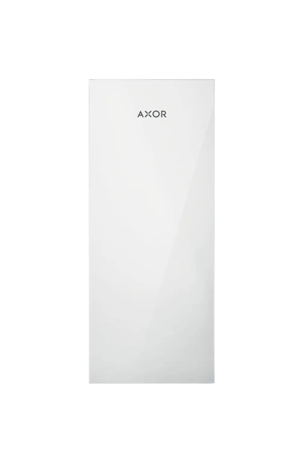 Weiße Platte mit reflektierender Oberfläche und dem Markennamen AXOR, die schlicht und funktional wirkt.